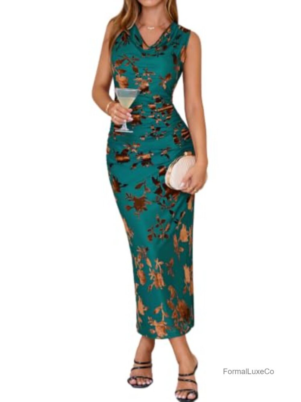 Velvet Burnout Floral Mesh Cowl Neck Bodycon Maxi Dress Wedding Guest